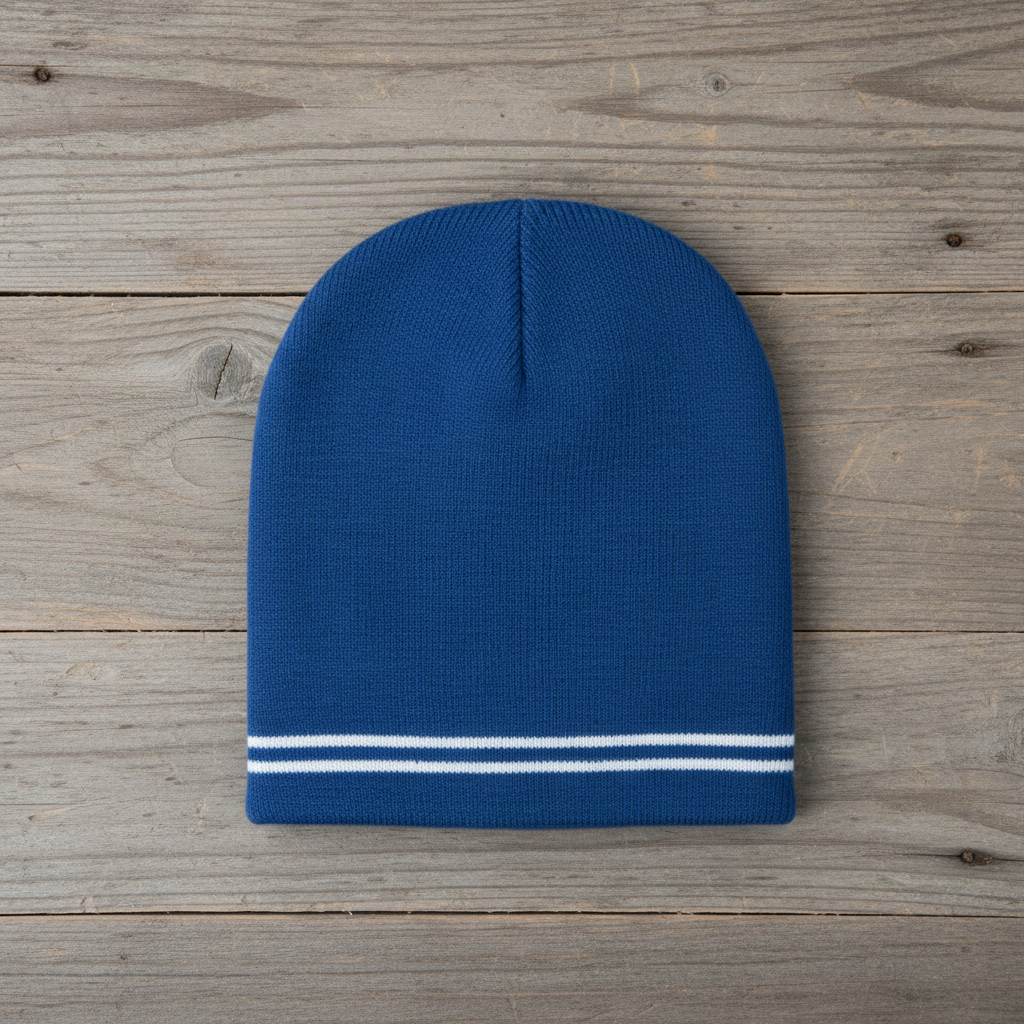 Blue and white spectator beanie on wooden background