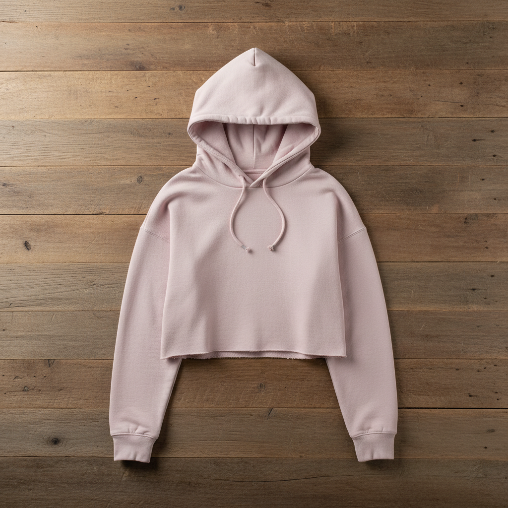 Blush crop hoodie on wooden slats