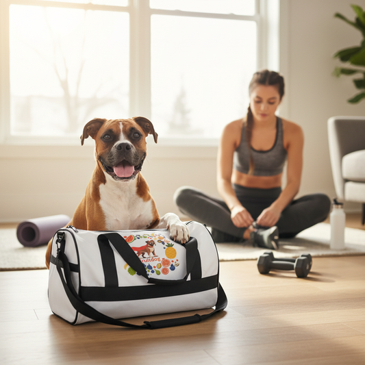 Boxer dog with paw on Fruitdog gym bag