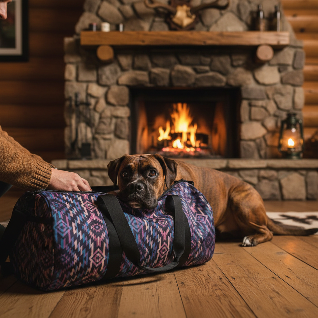 Boxer's head resting on Southwest duffel