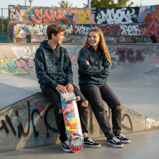 Boy and girl friends at colorful graffiti skate park in dark camo hoodies with skateboard