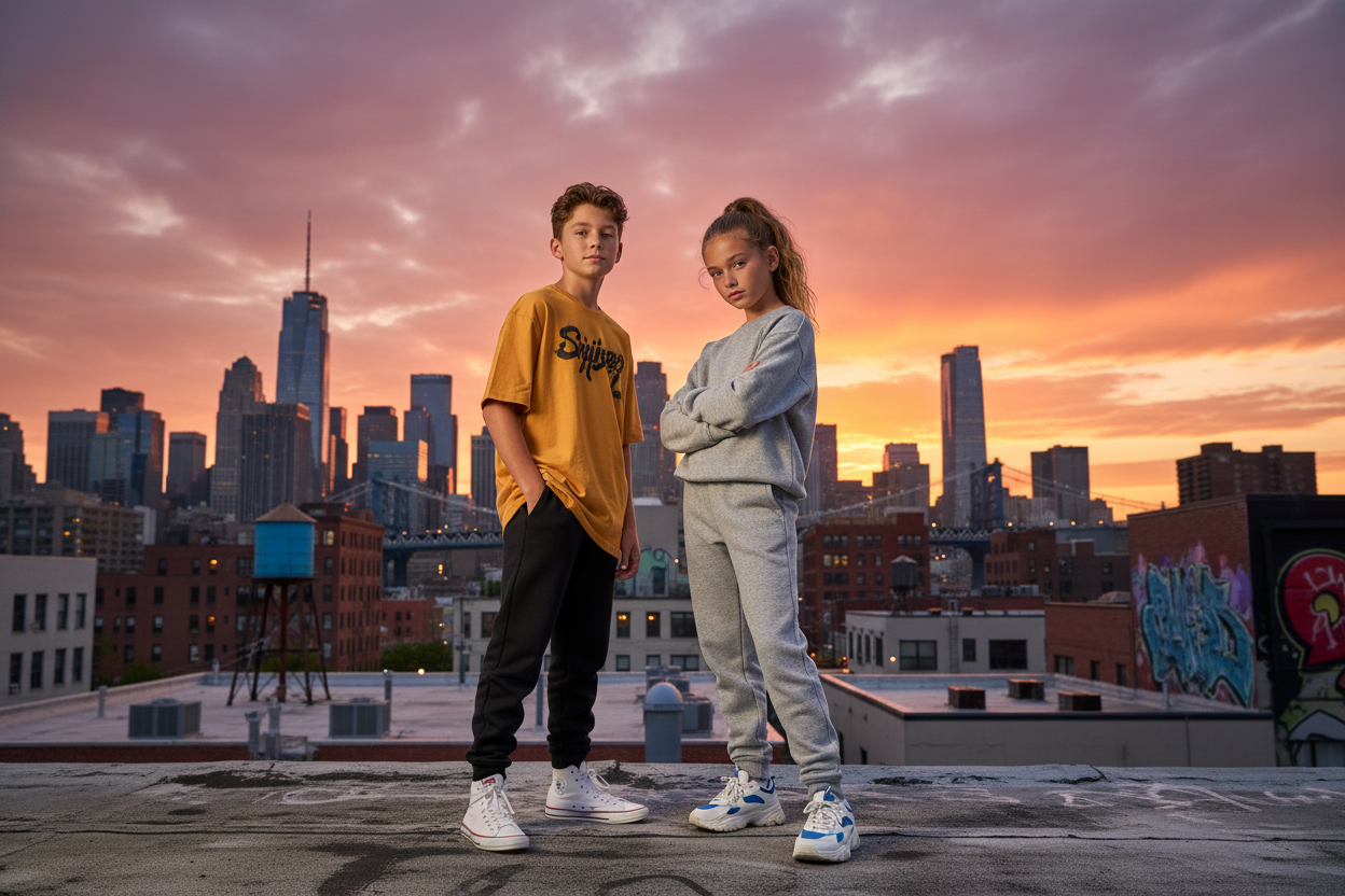 Boy and girl on rooftop with more color