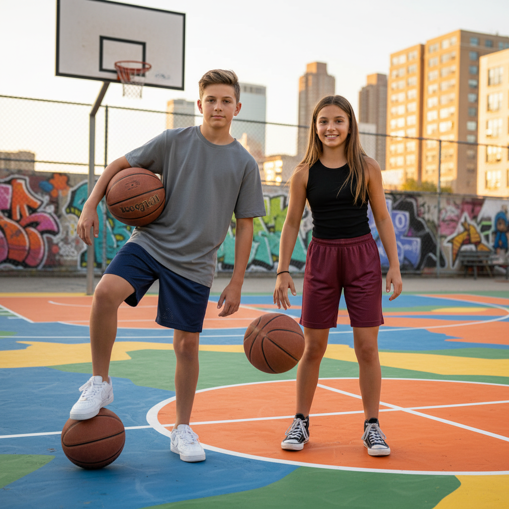 Boy and girl on urban basketball court wearing navy and maroon athletic shorts