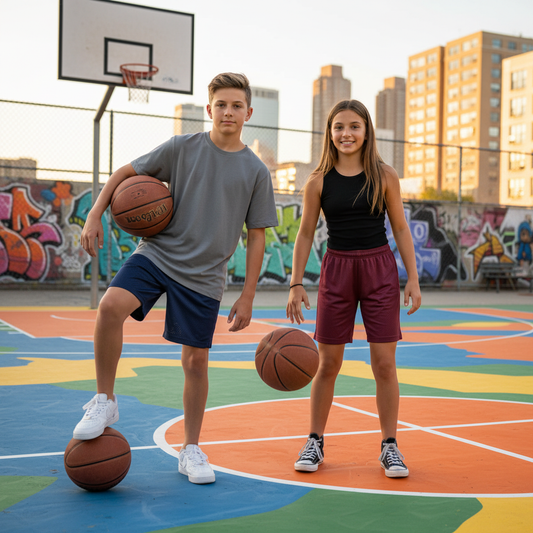 Boy and girl on urban basketball court wearing navy and maroon athletic shorts