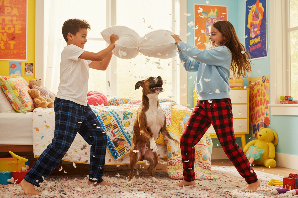 Boy and girl pillow fight with boxer catching feather in colorful room