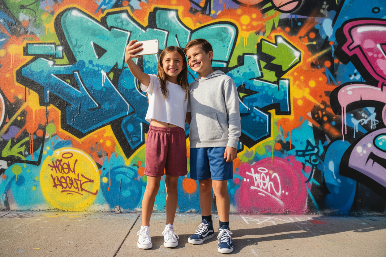 Boy and girl taking selfie with correct dusty rose red shorts
