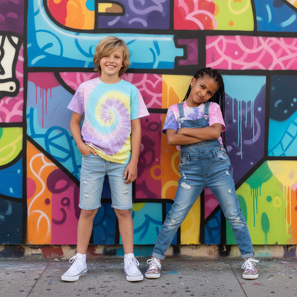 Boy and girl with colorful vibrant wall wearing pastel tie-dye shirts