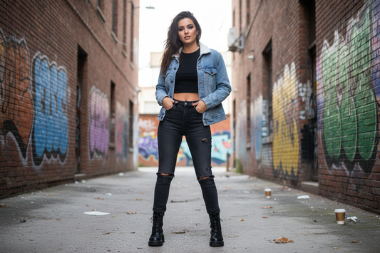 Cool edgy woman in light blue denim jacket urban street style