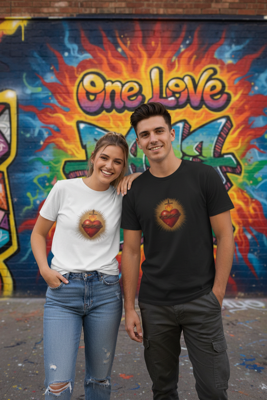 Couple in Sacred Heart tees at One Love wall