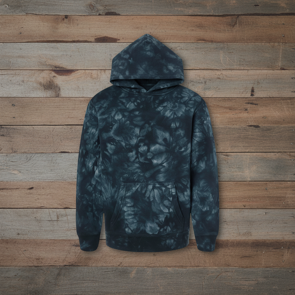 Dark camo hoodie on wooden background