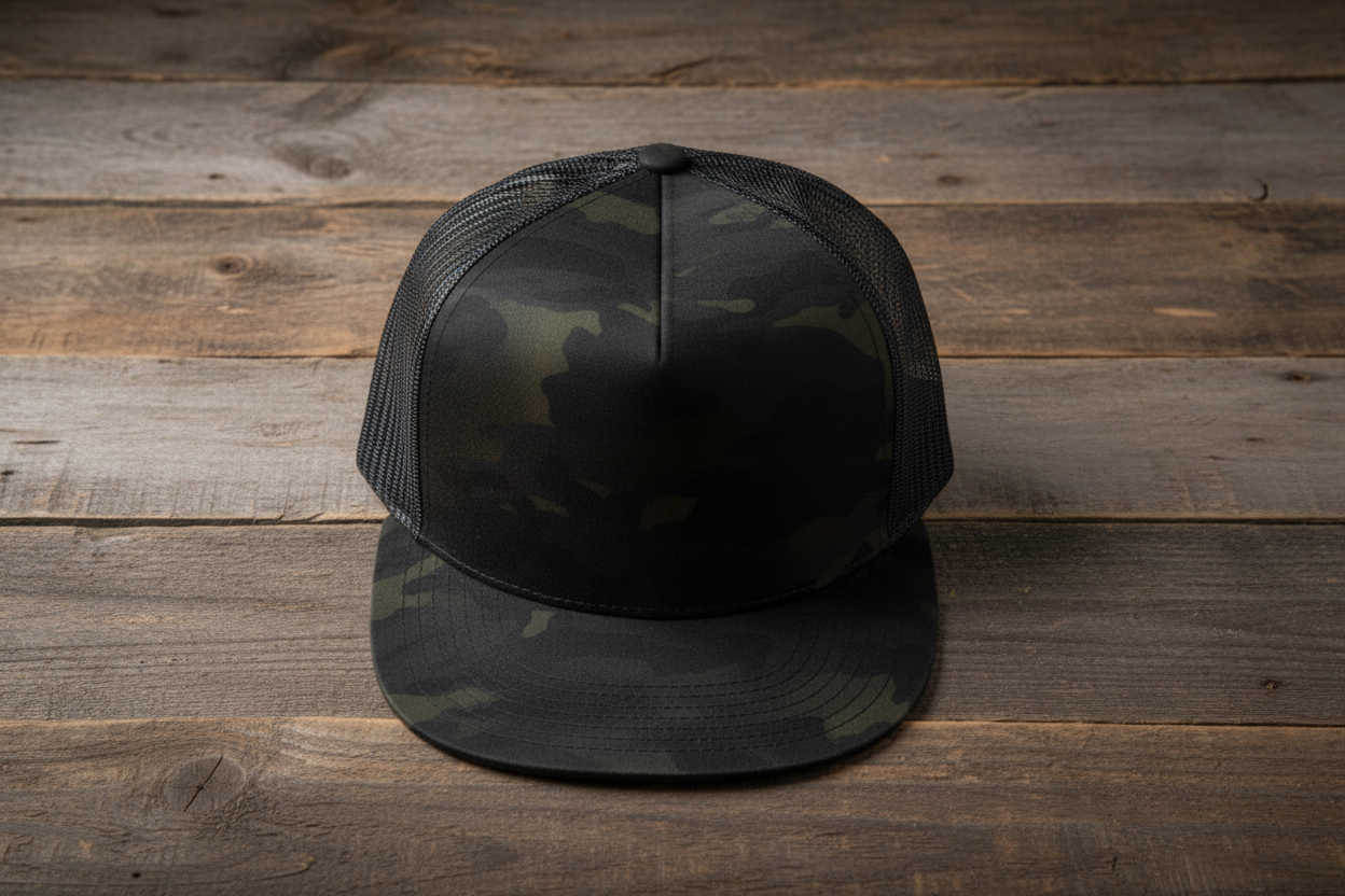 Dark camo trucker hat on wooden background