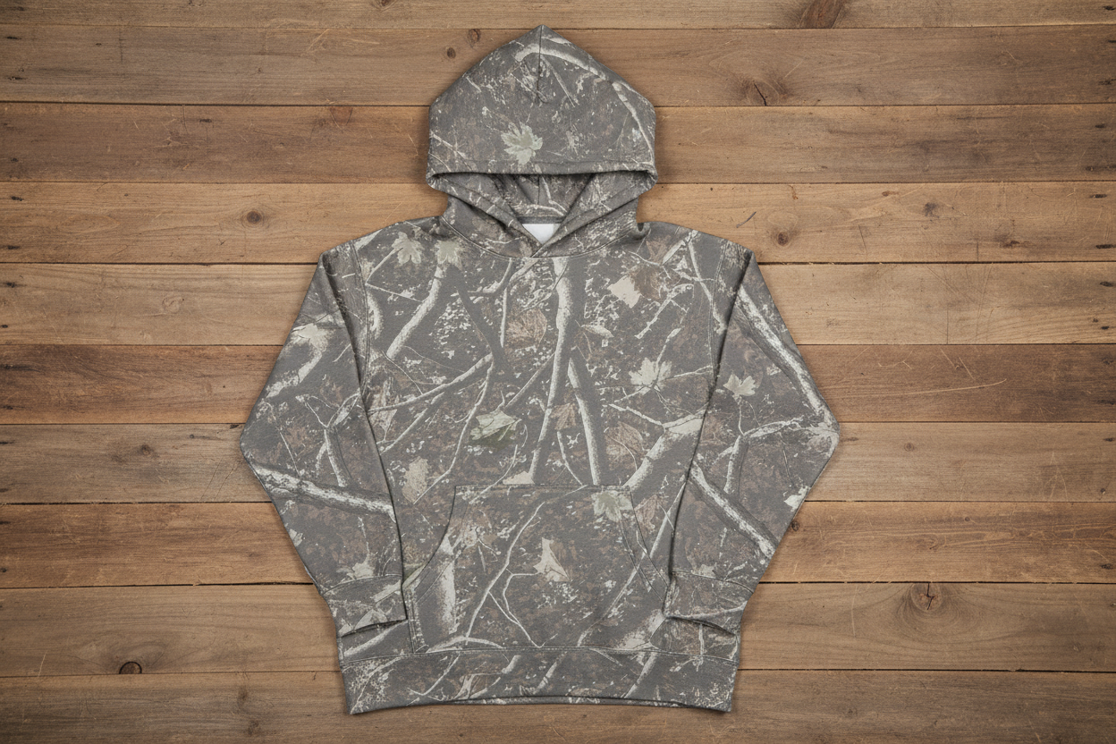 Deadwood tree camo hoodie on wooden background