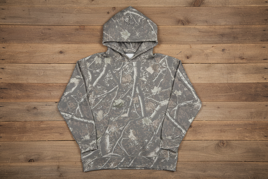 Deadwood tree camo hoodie on wooden background