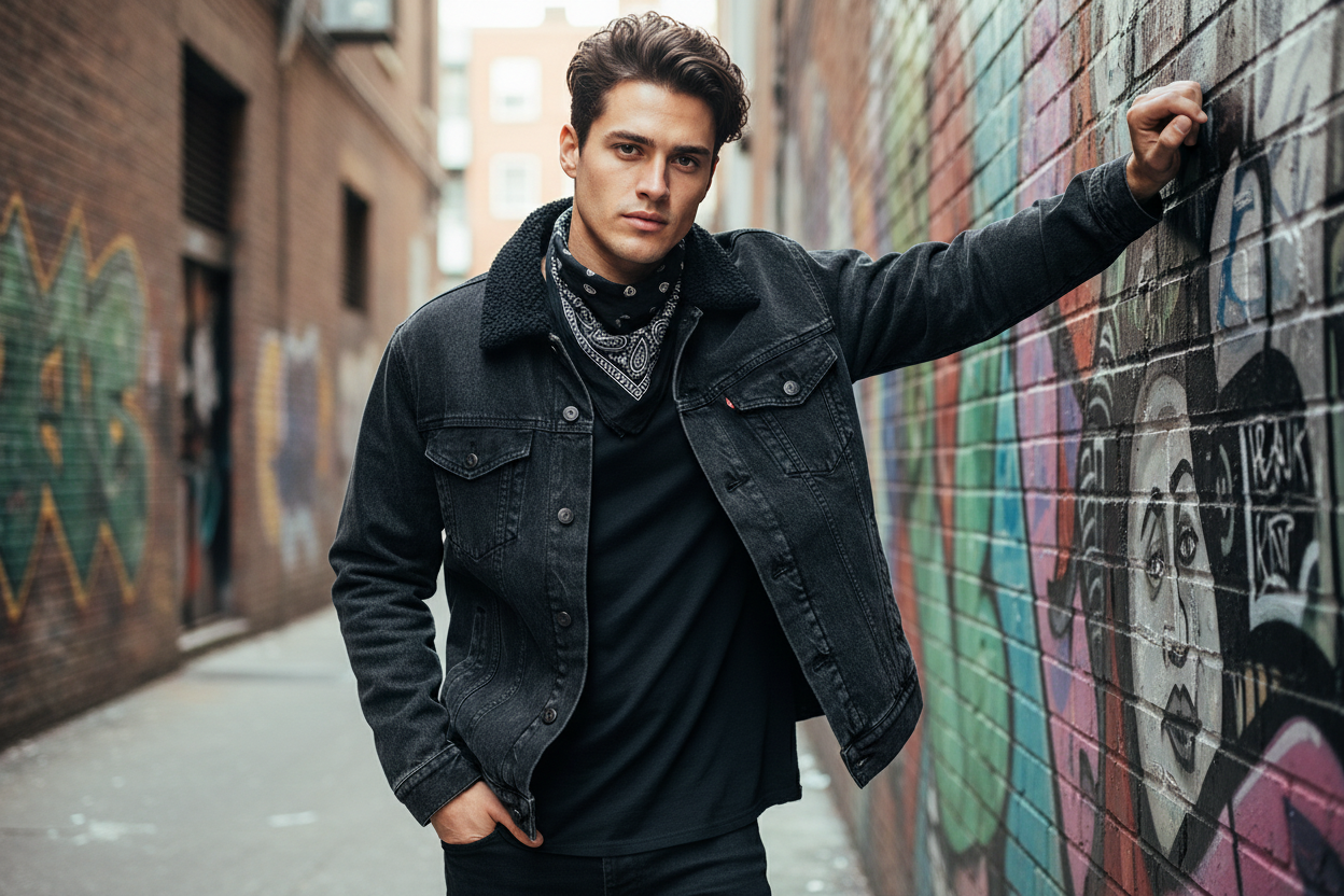 Edgy guy in black denim jacket with bandana in urban setting