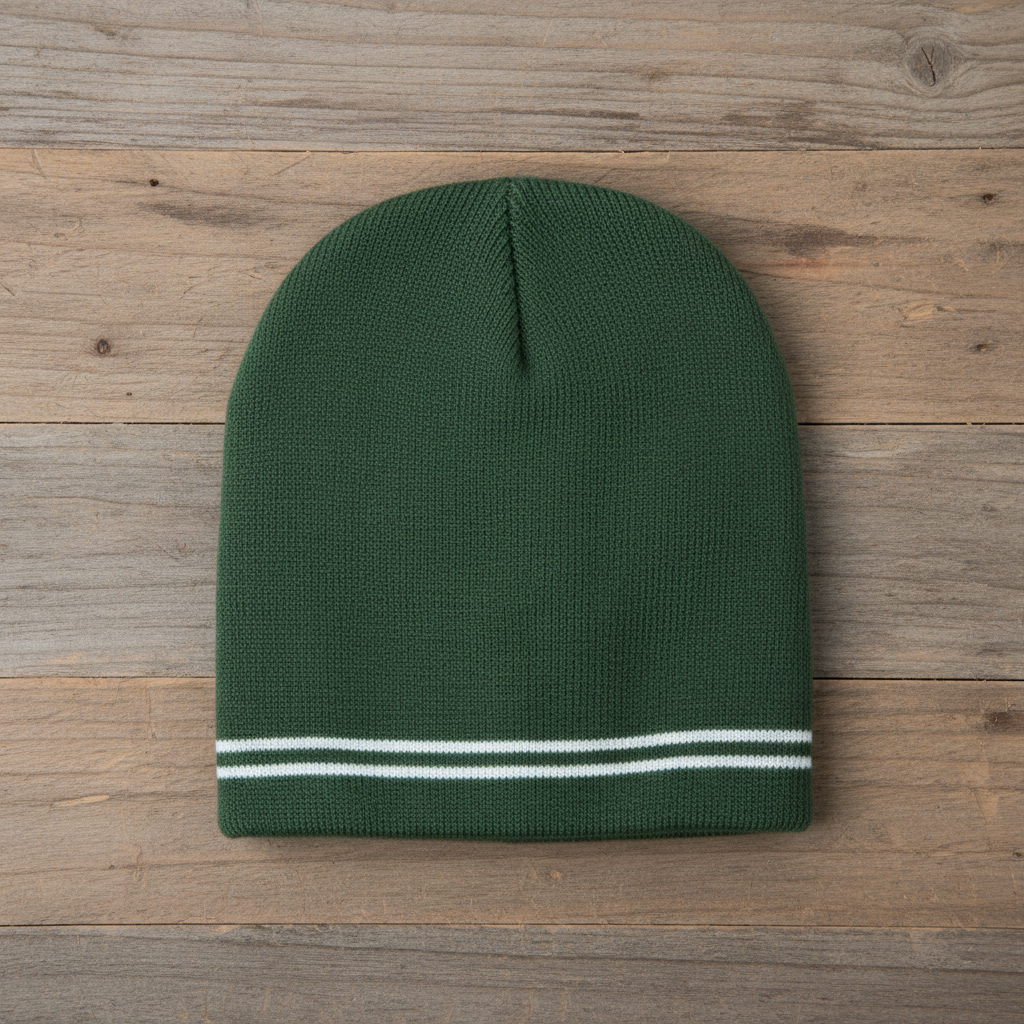 Forest green and white spectator beanie on wooden background