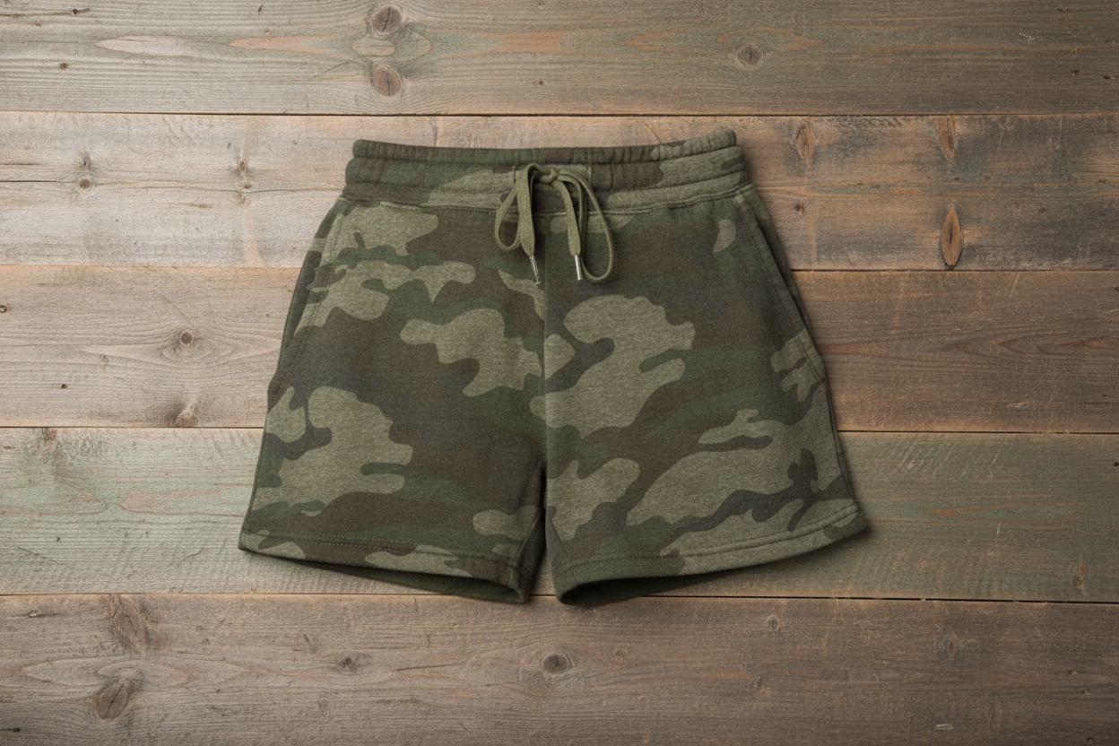 Forest green camo heather shorts on wooden background