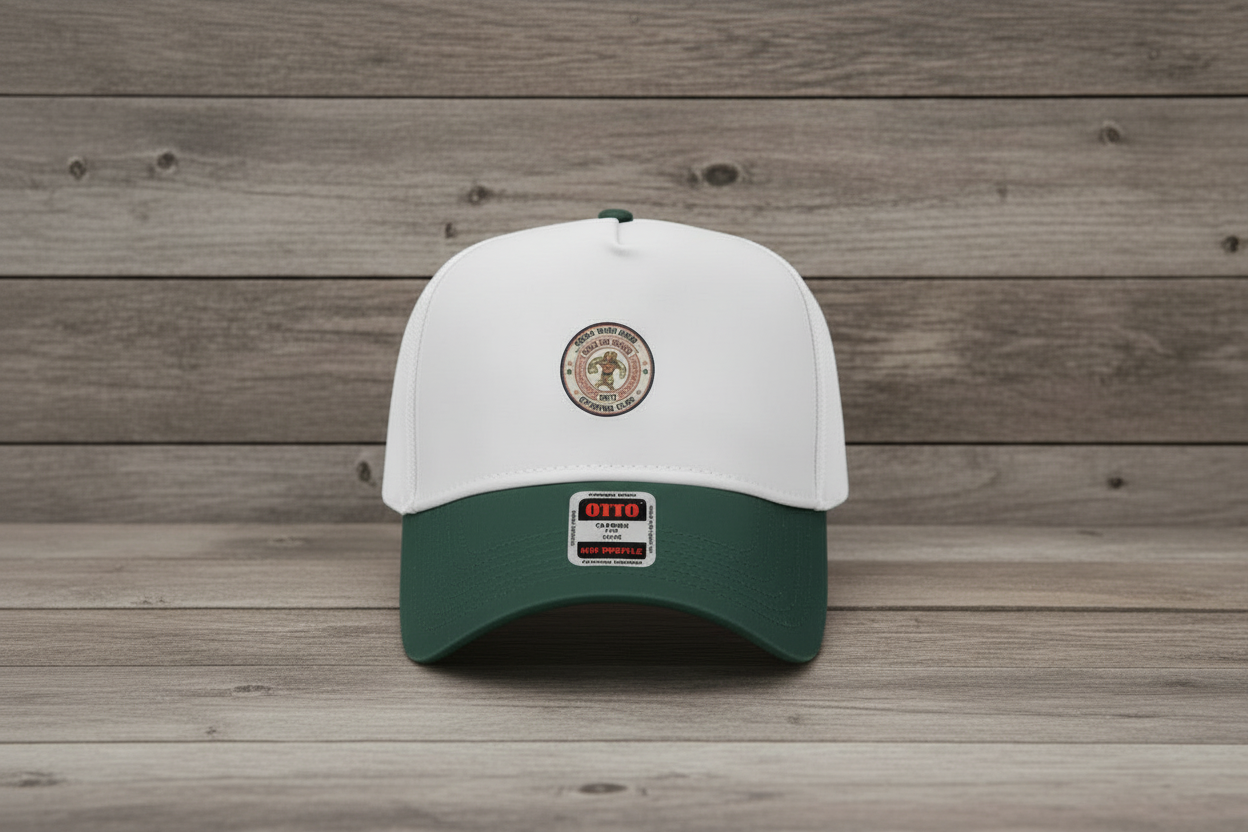 Forest green trucker hat larger on distressed wood