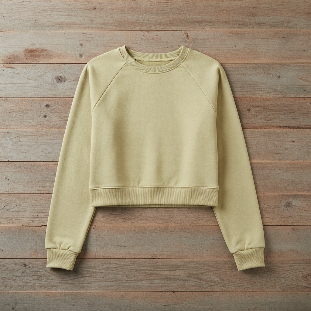 French vanilla sweatshirt - arms down on wood