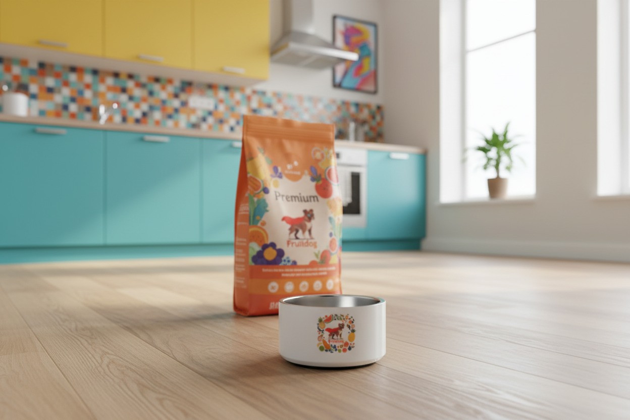 Fruitdog dog bowl in colorful modern kitchen