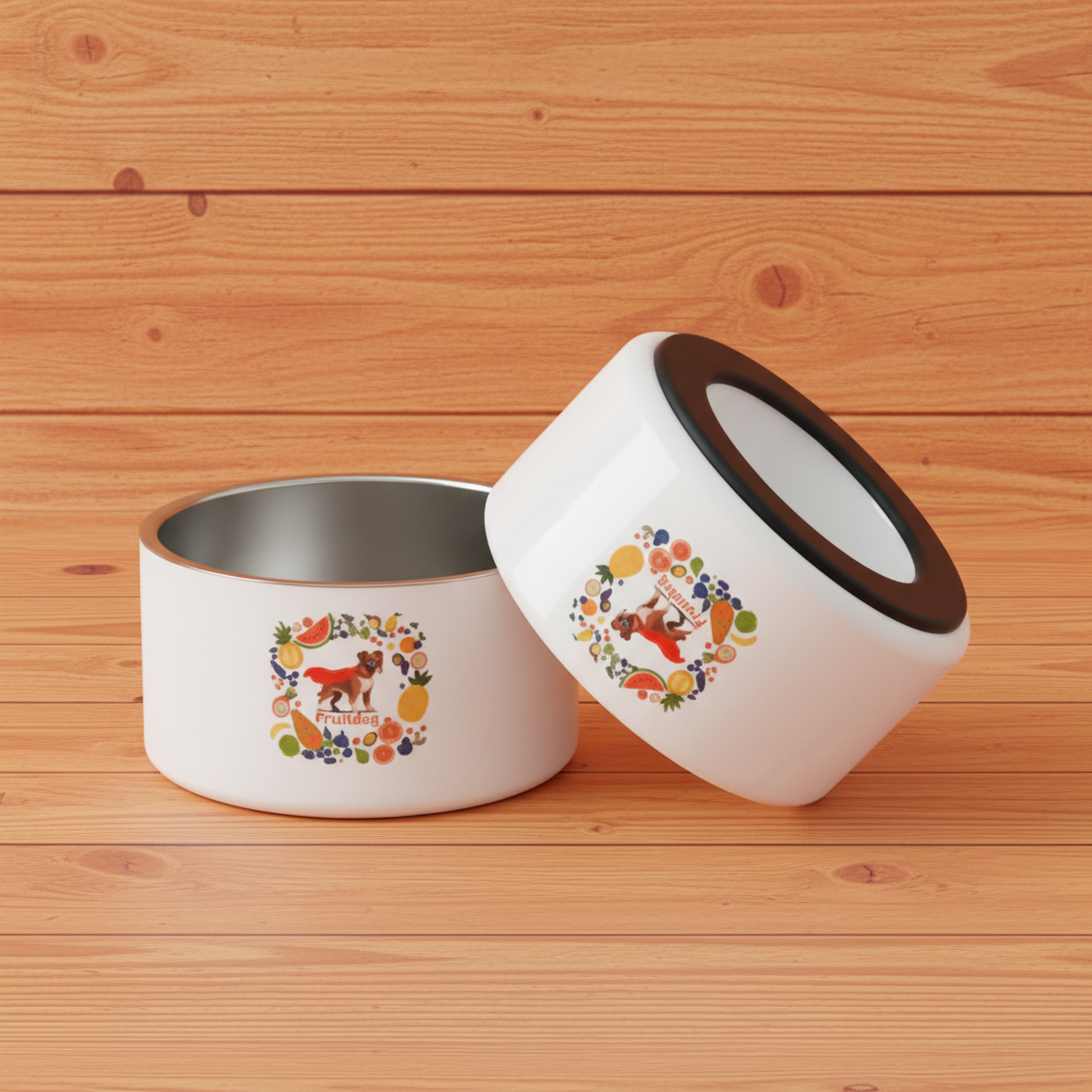 Fruitdog dog bowls angled on orange wood slats