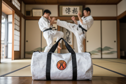 Fruitdog duffel bag in foreground with karate students sparring in background