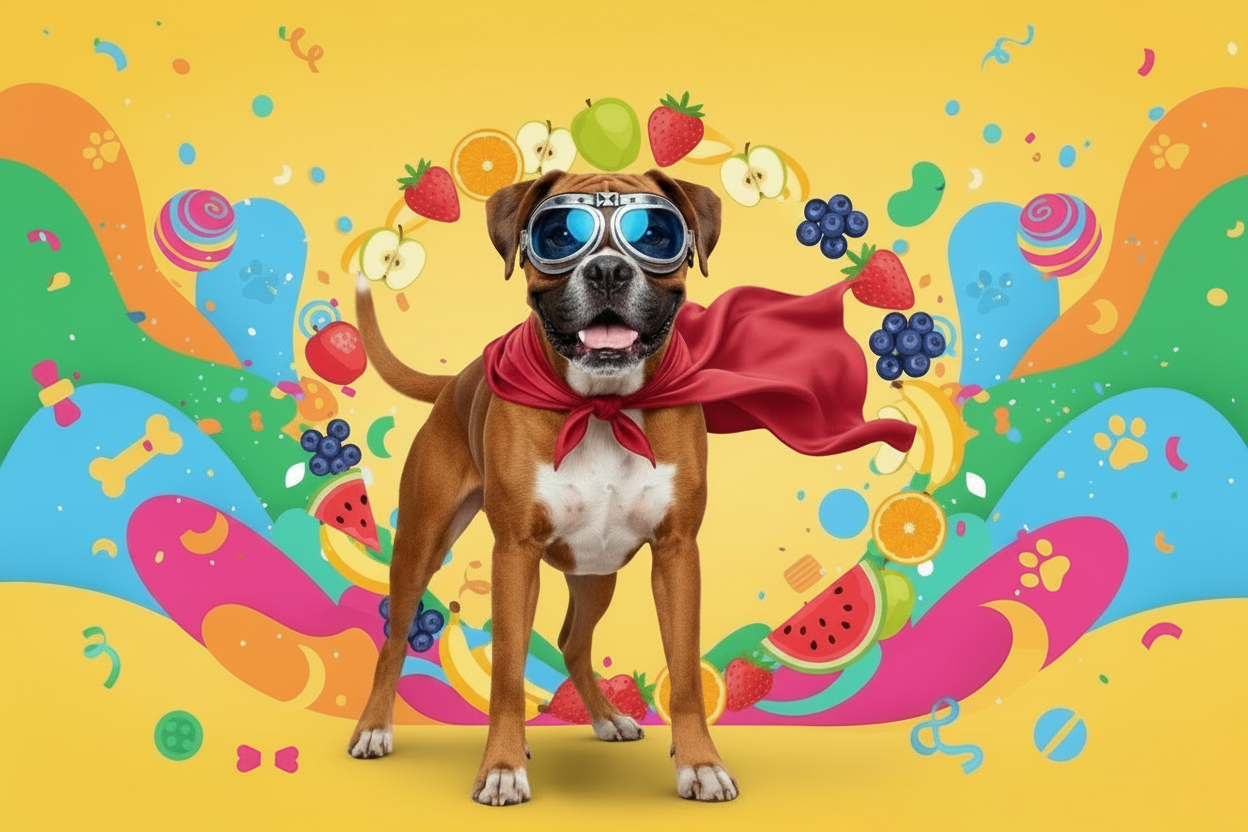 Fruitdog Hero Banner - Boxer with Cape, Goggles & Fruit Circle