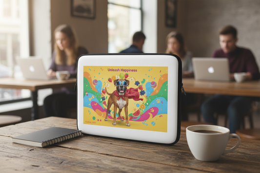 Fruitdog laptop sleeve propped on notebook with coffee