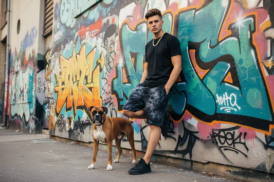 Guy in black top with gold chain and tie-dye shorts with boxer at graffiti wall