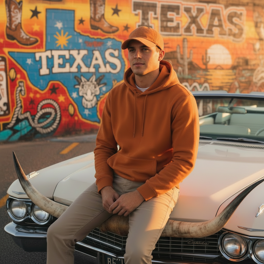 Guy with Texas orange hat on Cadillac with Texas graffiti background