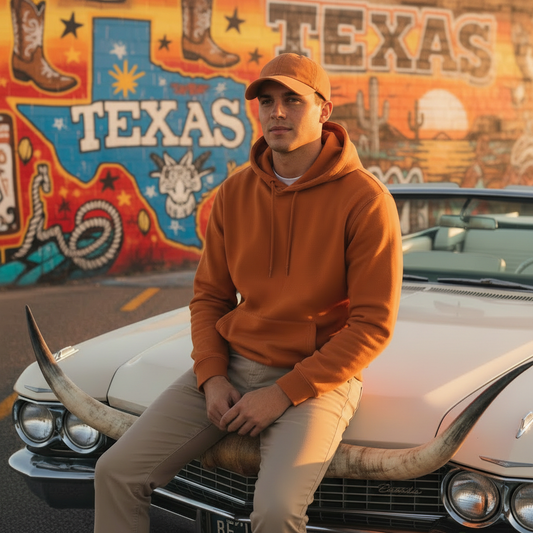 Guy with Texas orange hat on Cadillac with Texas graffiti background