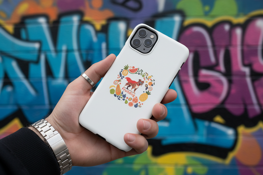 Hand holding iPhone with Fruitdog case graffiti wall
