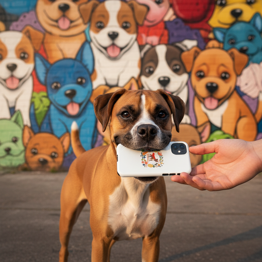 Happy boxer with phone - cute puppy mural