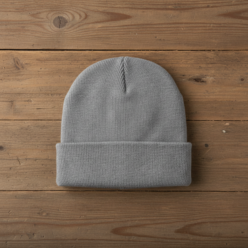 Heather grey beanie on wooden slats