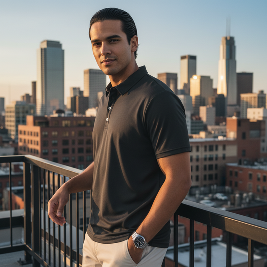 Heritage black polo - urban rooftop editorial