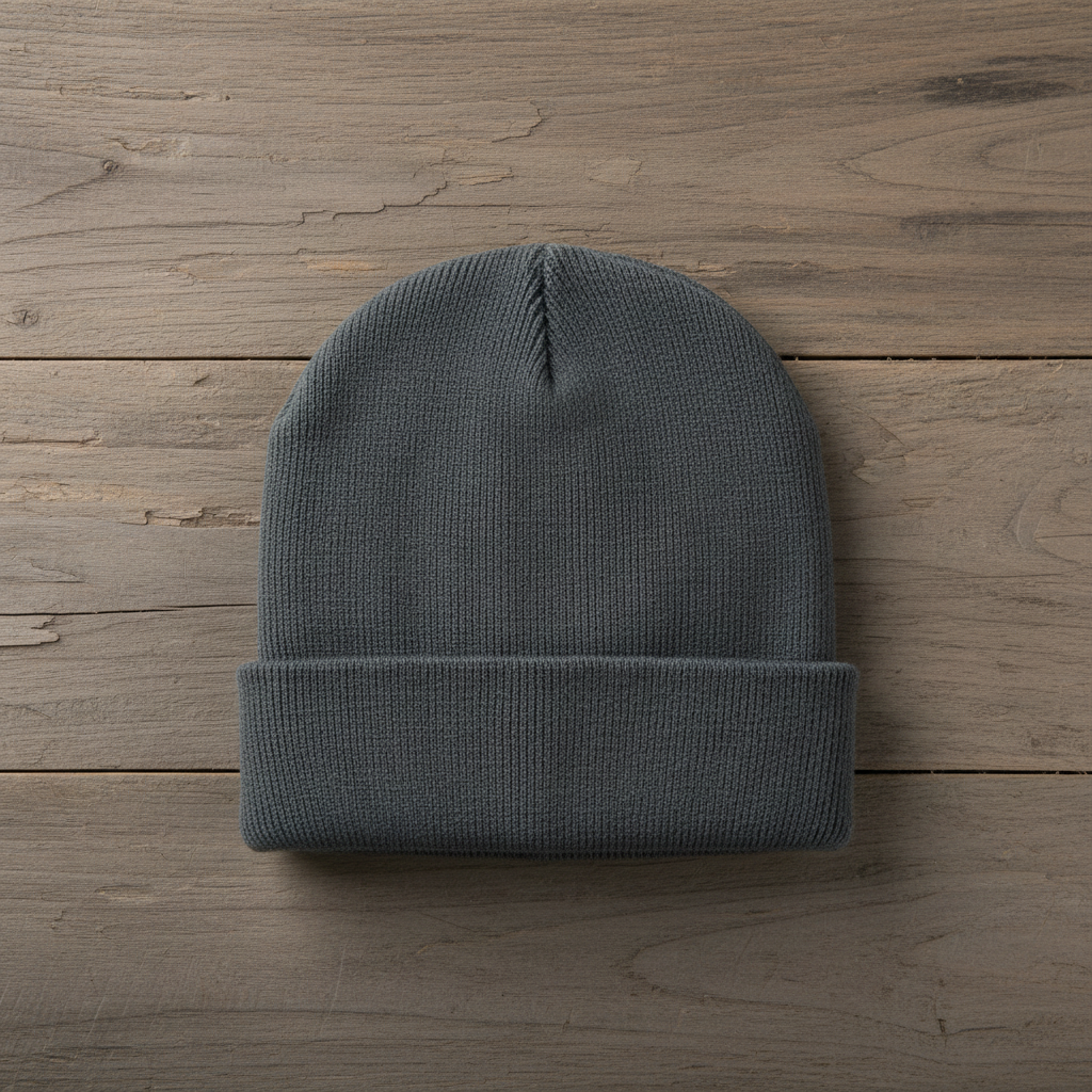 Iron grey beanie on wooden slats