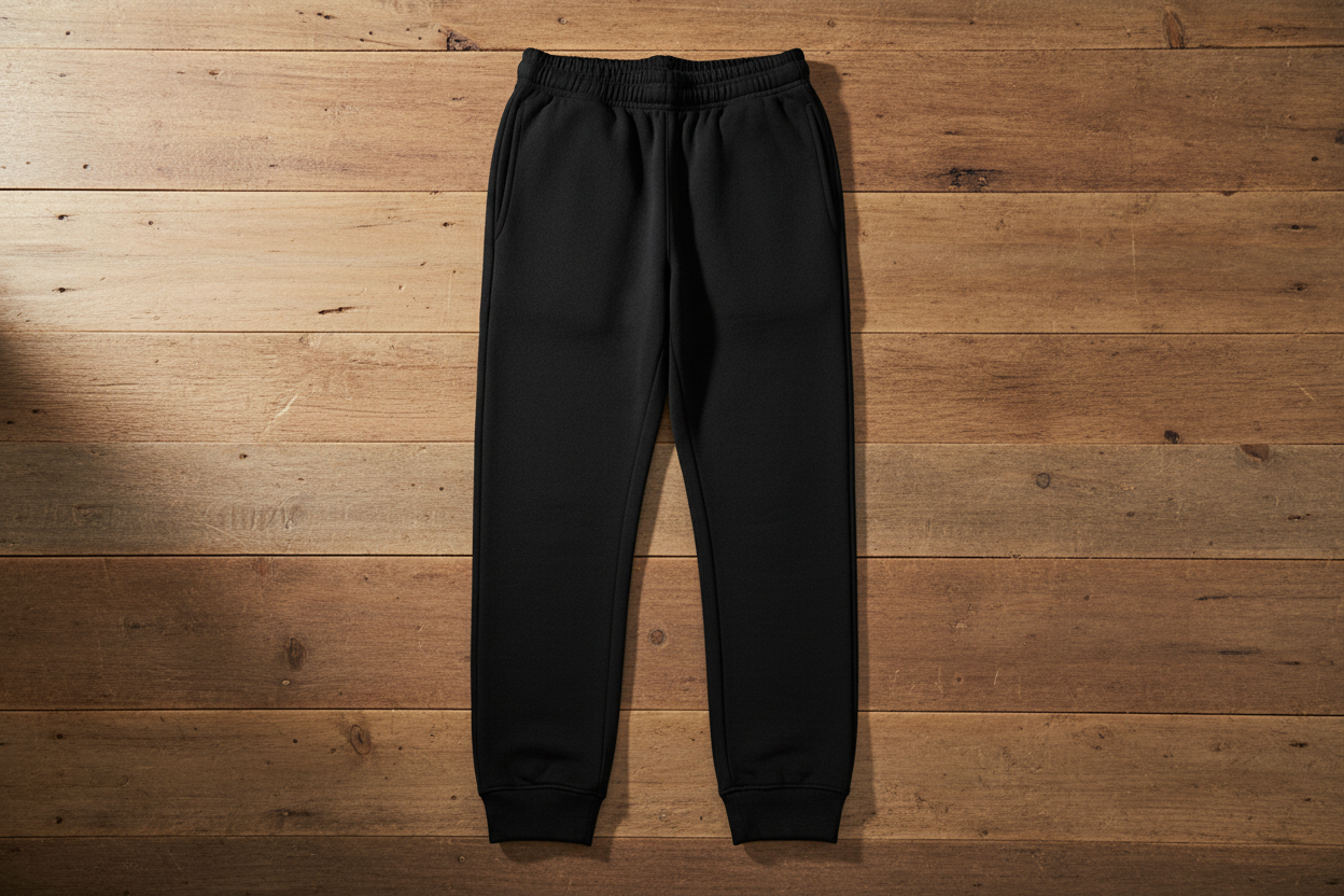 Jet black joggers on wood
