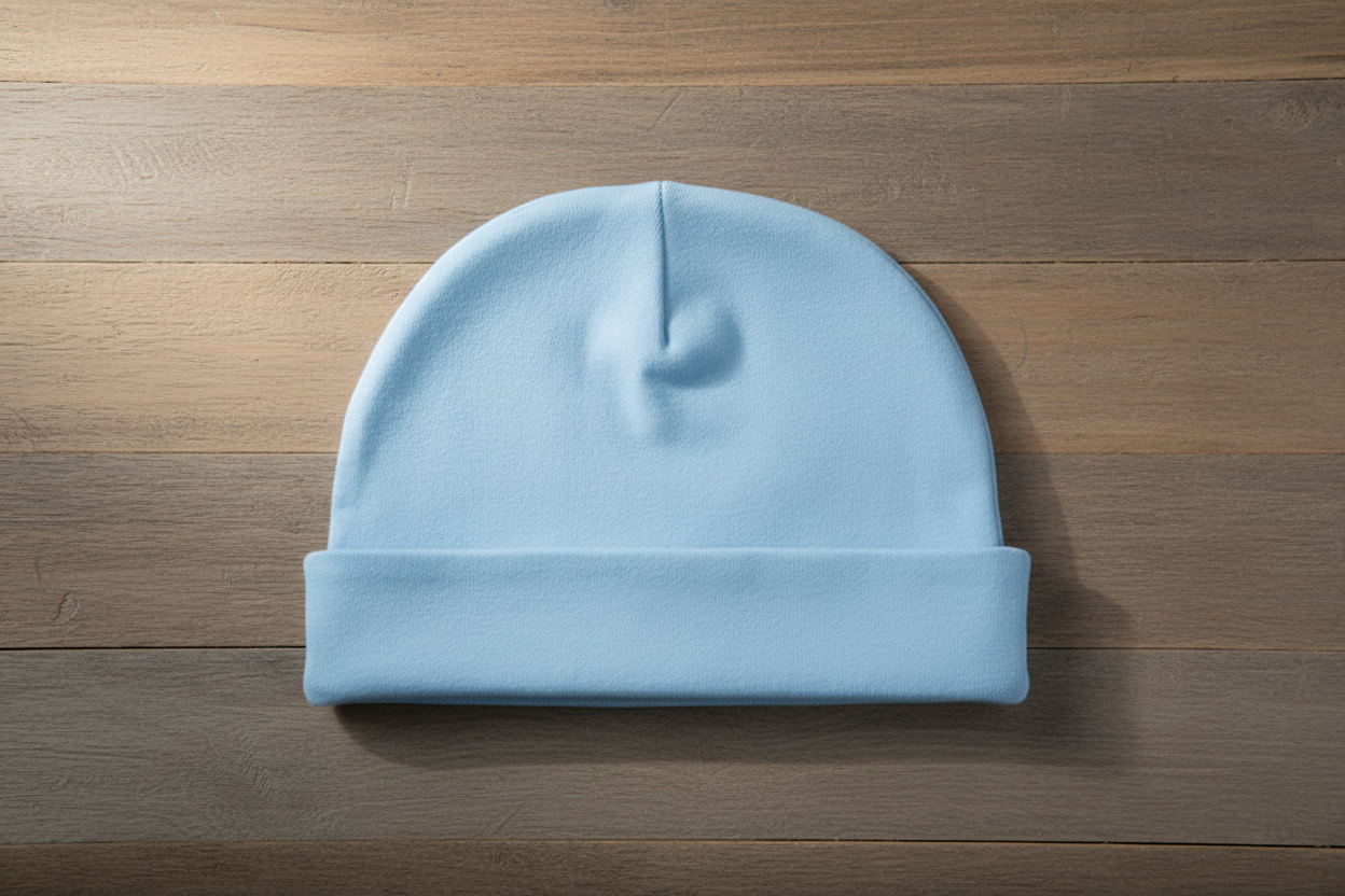 Light blue baby beanie on wooden background