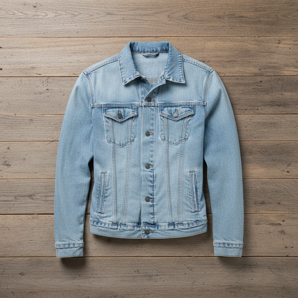 Light wash denim jacket on wooden background
