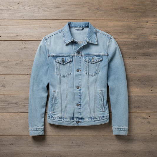 Light wash denim jacket on wooden background
