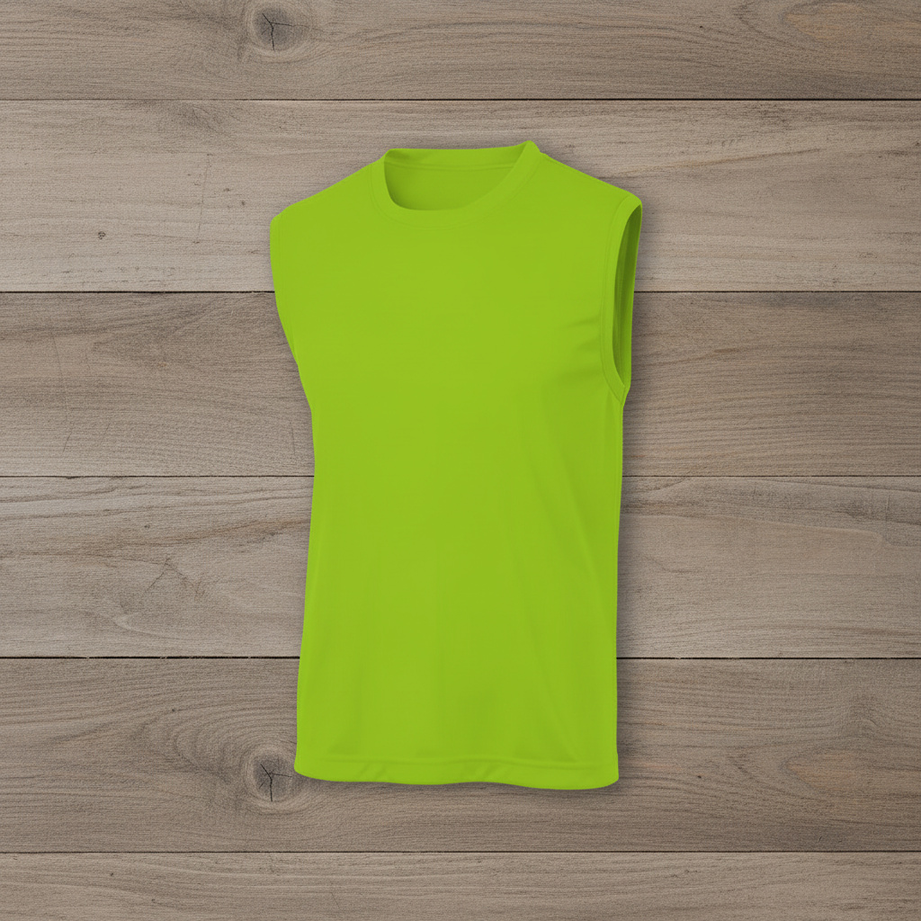 Lime Shock sleeveless tee on wooden background