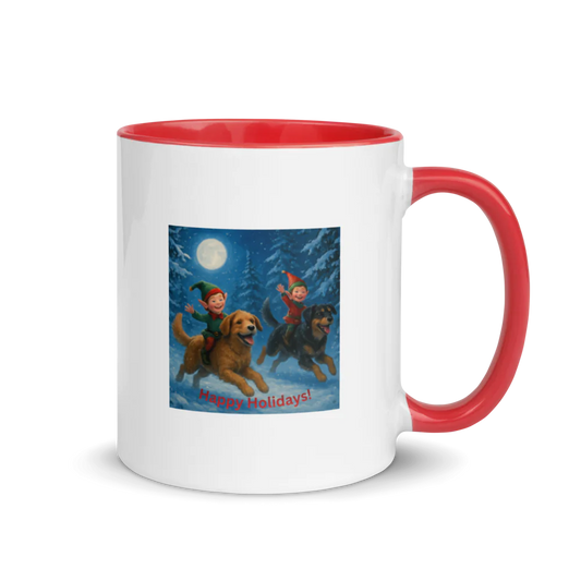 Christmas Dog Mug - Elves Riding Dogs Winter Scene Ceramic Coffee Mug