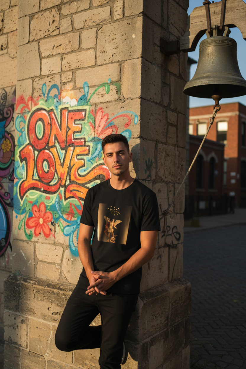 Man in Archangel Michael tee at church with One Love graffiti
