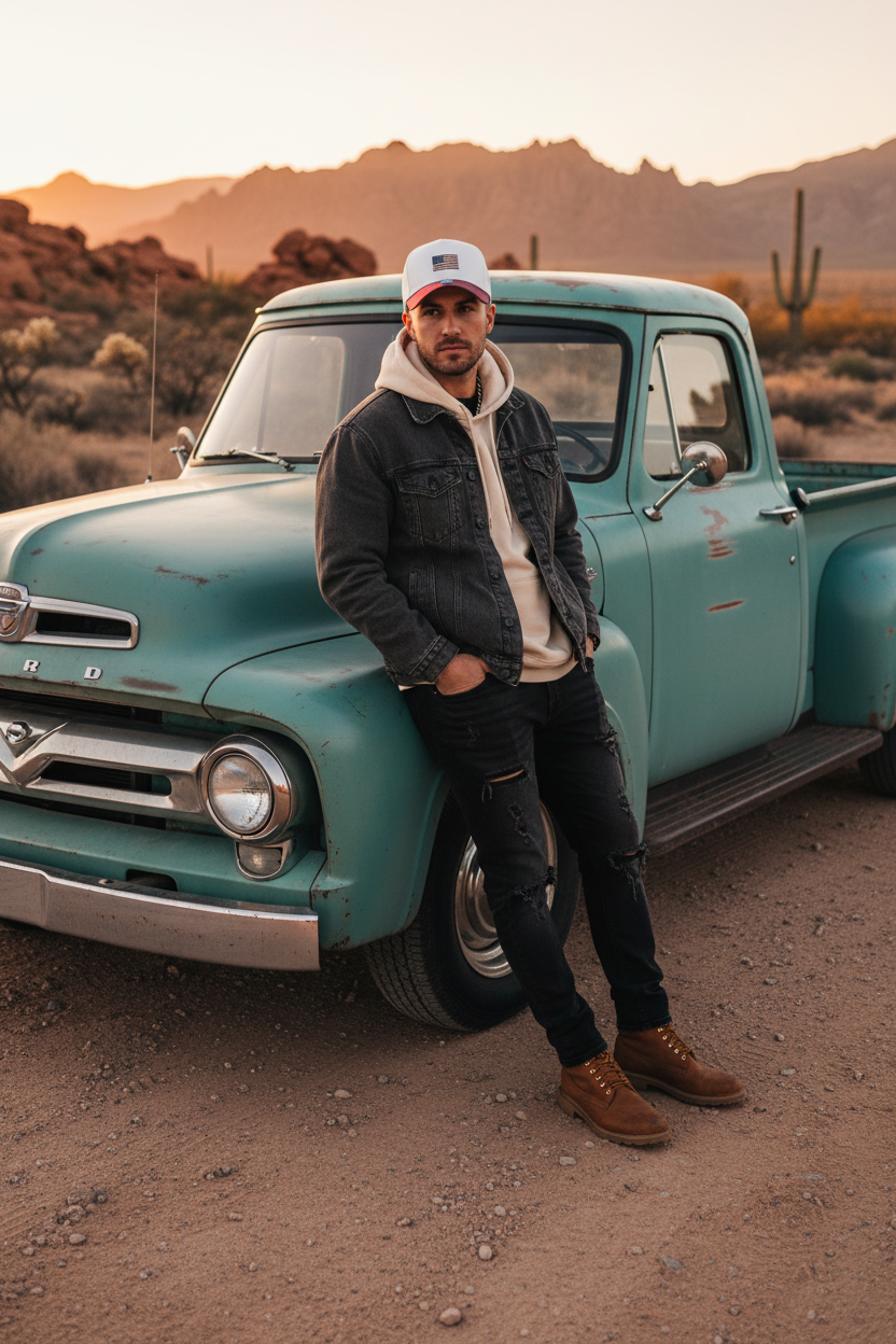 Man in Betsy Ross cap with vintage Ford truck