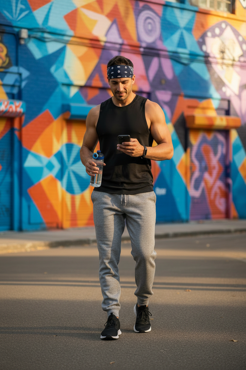 Man in white joggers with colorful urban background