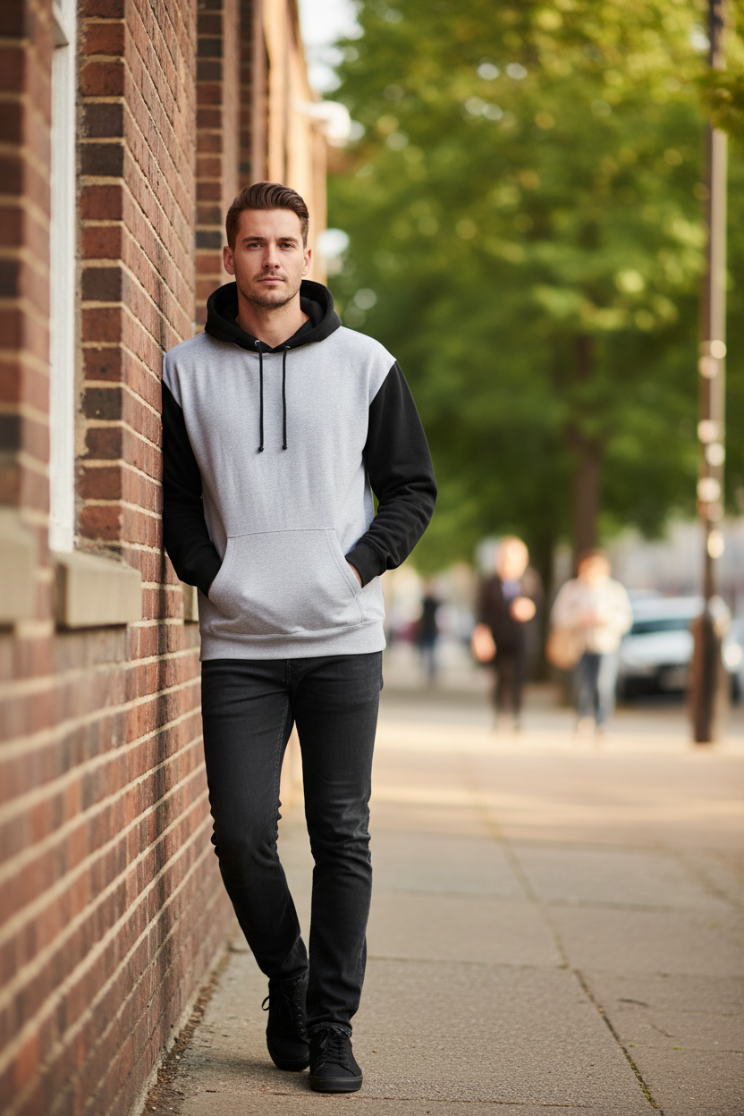 Man wearing heather grey and black hoodie