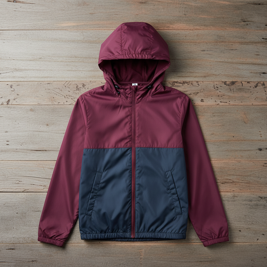 Maroon and navy youth windbreaker on wooden background