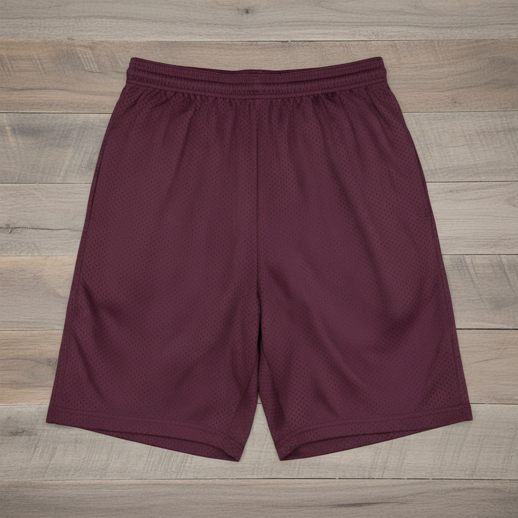 Maroon athletic shorts on wooden background