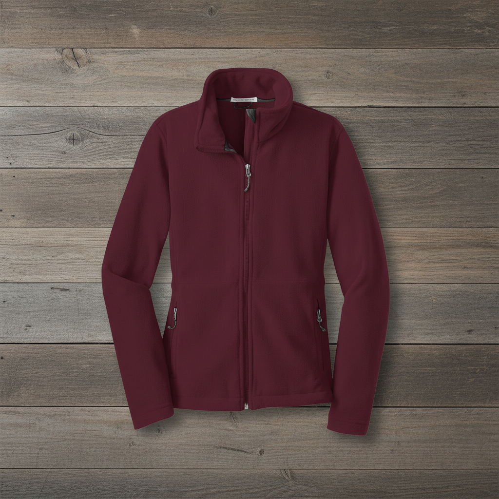 Maroon fleece jacket on wooden background