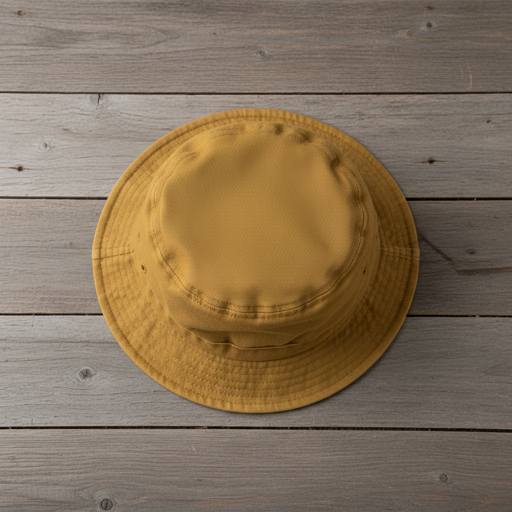 Mustard gold bucket hat on wooden background