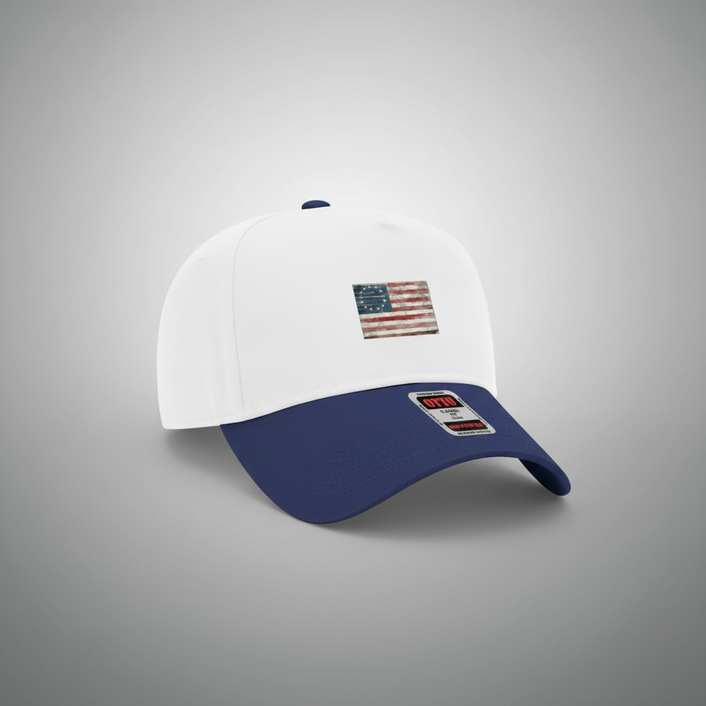 Navy and white flag cap on grey gradient